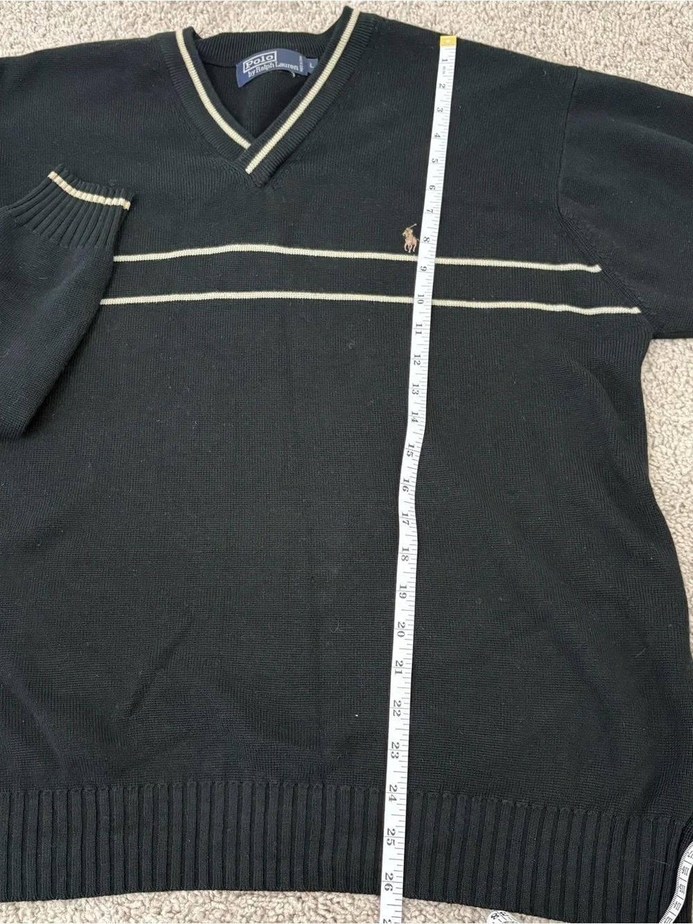 Vintage Polo by Ralph Lauren Black + Gold V-Neck Sweater with Contrast Stripes